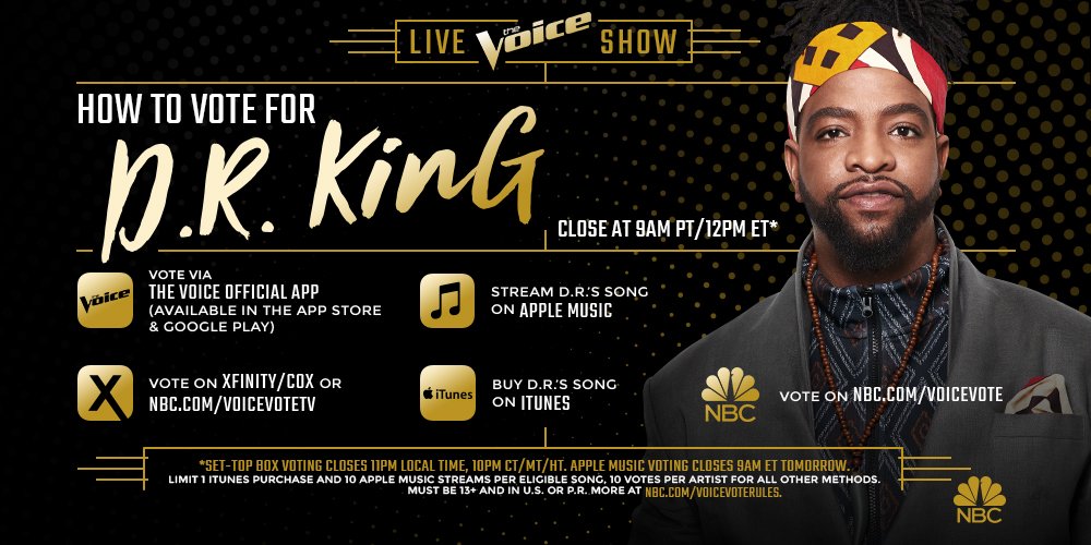 NBCTheVoice's tweet photo. RETWEET if @DRKingnyc’s perfect performance is getting him your votes! #VoiceTop12 https://t.co/TLFmg7cXVJ