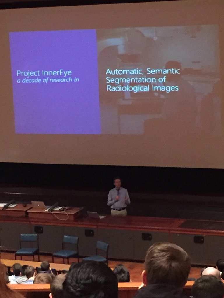 IF_Cambridge's tweet photo. First up: Antonio Criminisi @MSFTResearchCam @MSFTResearch talking about the power of #MachineLeaning learning in the context of the analysis of #radiology images #IFMachineLearning @Innovation_F https://t.co/NIDFYfwcAj