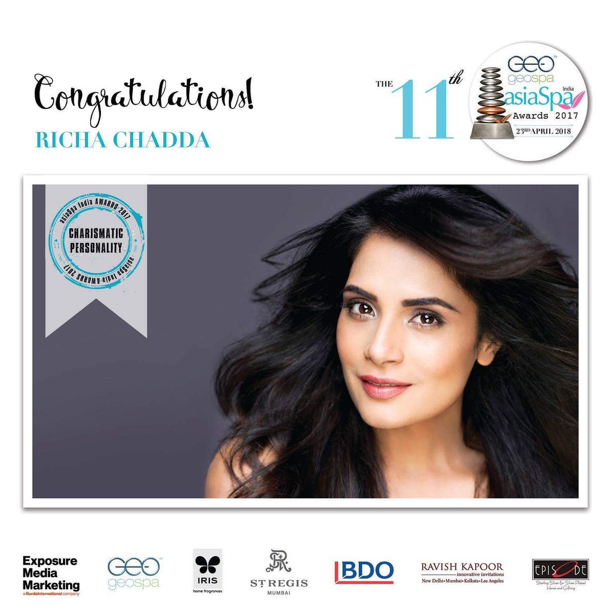 asiaSpaIndia's tweet photo. The winner of the GeoSpa asiaSpa India 'Charismatic Personality' Award is @RichaChadha

#asiaSpaIndiaawards #geospa #bdo #stregismumbai #ravishkapoorinnovativedesigns #irishomefragrance #episodesilver https://t.co/6hmusKDBwq