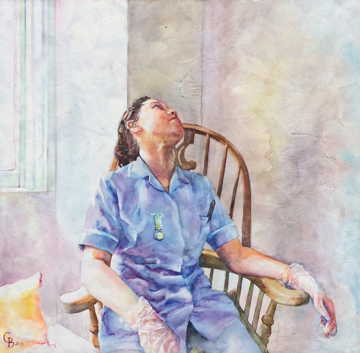 Working on a new #watercolour #portrait on wood (new for me) with a nod to ancient #frescoes of the virgin. "The calling" celebrating carers and their work. <a href="/SWAinfo/">SWA</a> @artpublishing <a href="/BathLifeMag/">Bath Life</a>