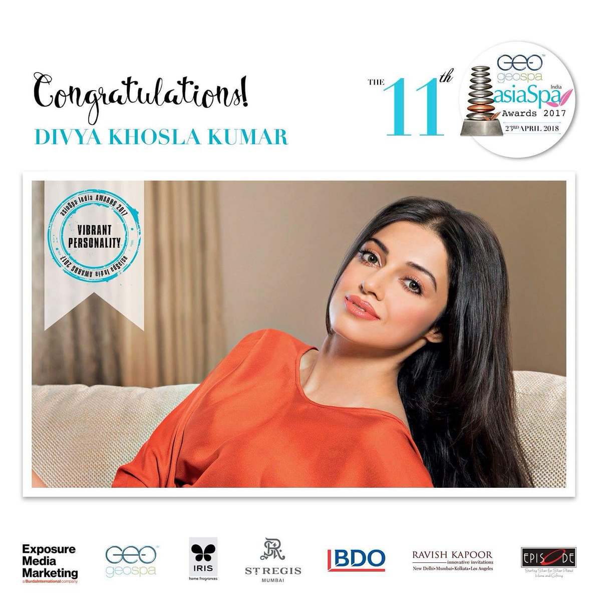 asiaSpaIndia's tweet photo. The winner of the GeoSpa asiaSpa India 'Vibrant Personality' Award is @divyakhoslakumar

#asiaSpaIndiaawards #geospa #bdo #stregismumbai #ravishkapoorinnovativedesigns #irishomefragrance #episodesilver https://t.co/pNaZrPL5jE