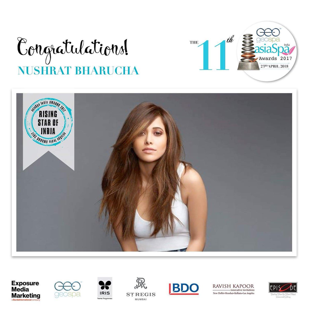 asiaSpaIndia's tweet photo. The winner of the GeoSpa asiaSpa India 'Rising Star of India' Award is @NushratBharucha

#asiaSpaIndiaawards #geospa #bdo #stregismumbai #ravishkapoorinnovativedesigns #irishomefragrance #episodesilver https://t.co/Tv4ln06QWj
