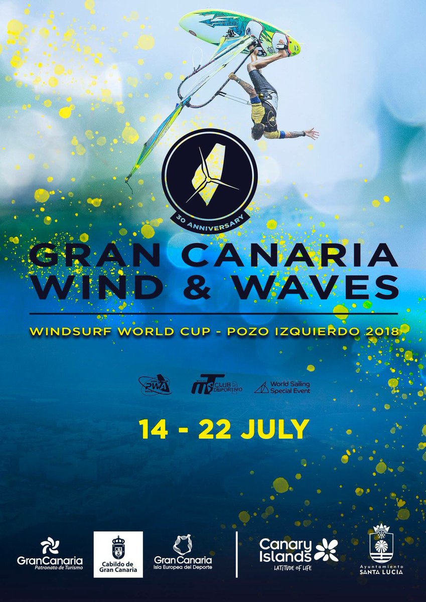 GCWindWavesFest's tweet photo. El Campeonato del mundo de #windsurf de #GranCanaria celebra su 30º aniversario y lo vamos a festejar a lo grande. Del 14-22 de julio, te esperamos en #PozoIzquierdo🤙🏻@pwaworldtour #gcwwf #gcwwf2018 
@turismogc @gctourism @canarias_es @GCislaEUdeporte @santaluciagc @morenotwins https://t.co/hdU59C82Ge