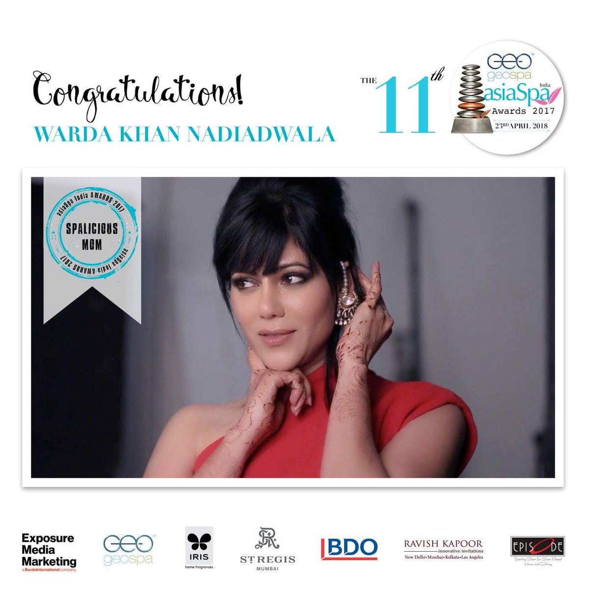 asiaSpaIndia's tweet photo. The winner of the GeoSpa asiaSpa India 'Spalicious Mom' Award is @WardaNadiadwala

 #asiaSpaIndiaawards #geospa #bdo #stregismumbai #ravishkapoorinnovativedesigns #irishomefragrance #episodesilver https://t.co/eMALH0xcXj