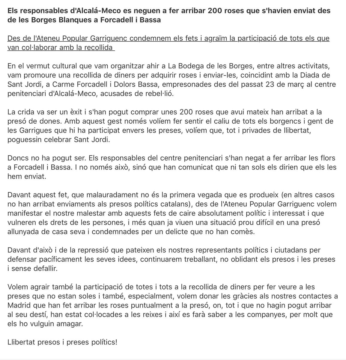AtPopGarriguenc's tweet photo. Els responsables d'Alcalá-Meco es neguen a fer arribar 200 roses que s'havien enviat des de les Borges Blanques a Forcadell i Bassa https://t.co/fW1uqGYpK2
