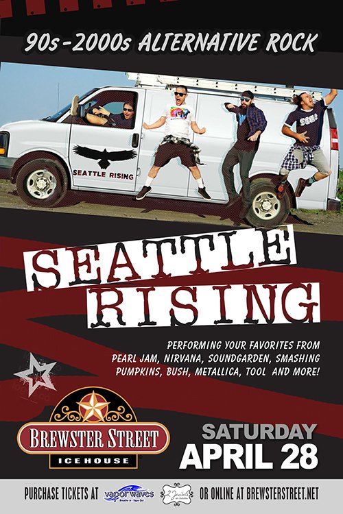 BrewsterStreet's tweet photo. THIS SATURDAY! Check out #SeattleRising performing all your favorite 90's & 2000's Alternative Rock hits! They'll play it all from @Nirvana to @PearlJam to @SmashingPumpkin! https://t.co/vVEc8CMpeC