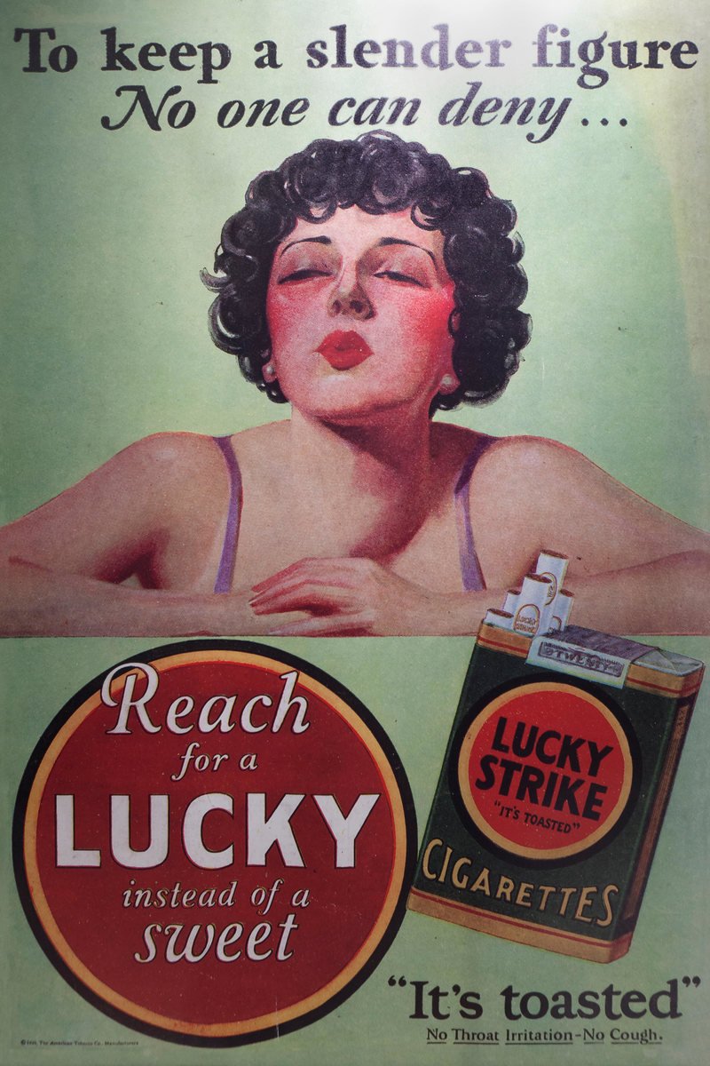 In 1928, the cigarette company Lucky Strike plastered colorful ads in  magazines, with slogans like “Reach for a Lucky instead of a sweet.” With  major film stars endorsing the slogan, cigarettes would