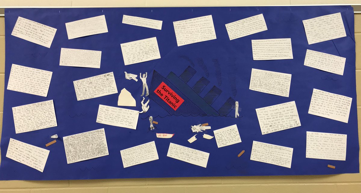 MrHarbula's tweet photo. My students wrote some HAUNTING “firsthand” accounts of surviving the Titanic!  So good I had to put some on display, and have some of our artists add personal touches like people jumping off the ship. 😁#creativewriting https://t.co/UGTm75dgrT
