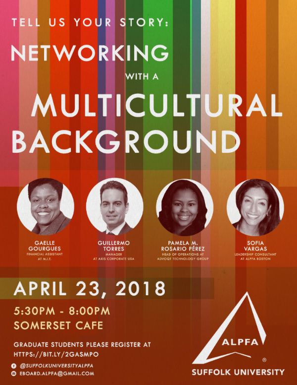 Join <a href="/ALPFA/">ALPFA</a> &amp; <a href="/Suffolk_U/">Suffolk University</a> at Somerset Cafe for a Multicultural Networking Panel Discussion, #TellUsYourStory. The conversation will be lead by D&amp;I Leaders &amp; Expert Professionals from <a href="/MIT/">Massachusetts Institute of Technology (MIT)</a> @Advoqt <a href="/AxisCorporate/">Axis Corporate</a> &amp; More!

FREE Registration details below:
buff.ly/2HlCQmf