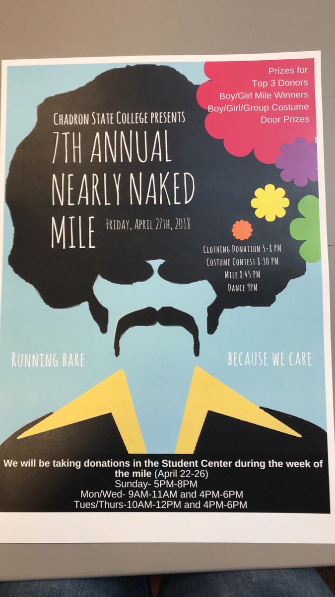 SpringDays8's tweet image. Don’t forget!Nearly Naked Mile week starts today! Bring your donations to the Student center during the times listed on this picture. The NNM will be on Friday this year, so start planning your costumes!