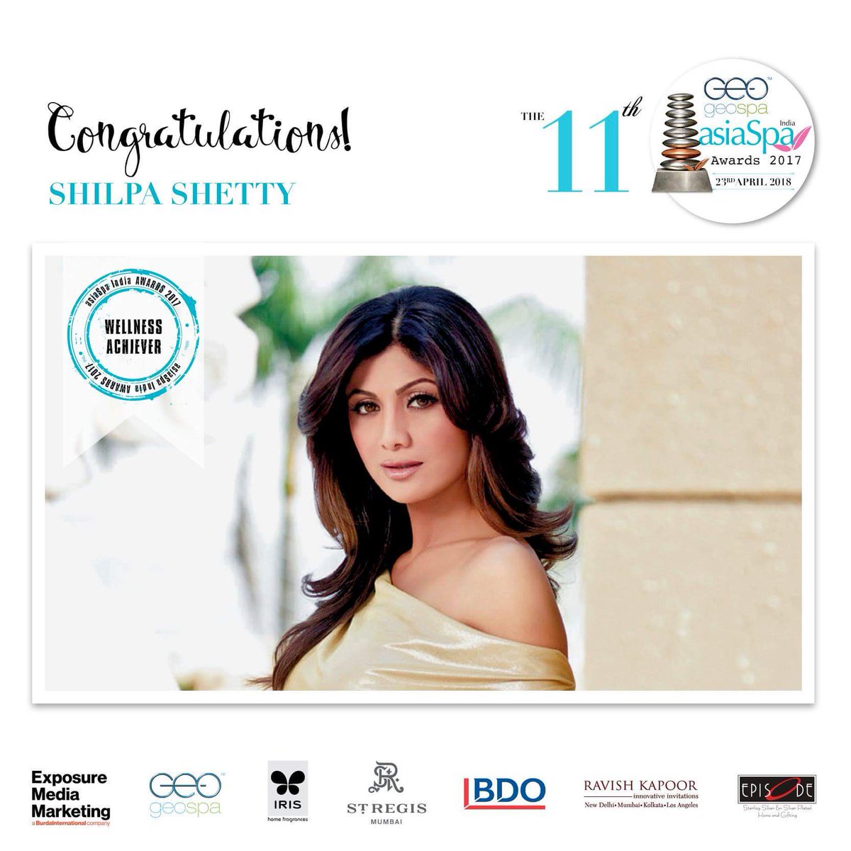 asiaSpaIndia's tweet photo. The winner of the GeoSpa asiaSpa India 'Wellness Achiever' Award is @TheShilpaShetty

#asiaSpaIndiaawards #geospa #bdo #stregismumbai #ravishkapoorinnovativedesigns #irishomefragrance #episodesilver #shilpashetty https://t.co/AhKgabyfjZ