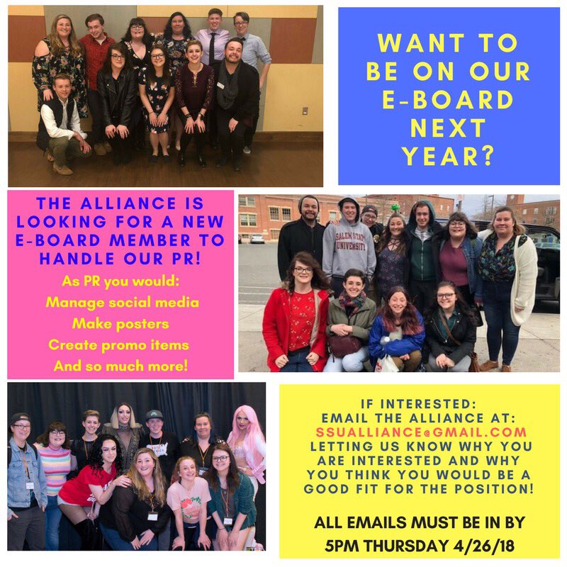 SSUAlliance's tweet photo. Are you interested in joining our E-Board?? We’re looking for someone to be handle our PR! Email The Alliance at ssualliance@gmail.com by 5PM Thursday 4/26 if you’re interested! https://t.co/a4xRyReVHP