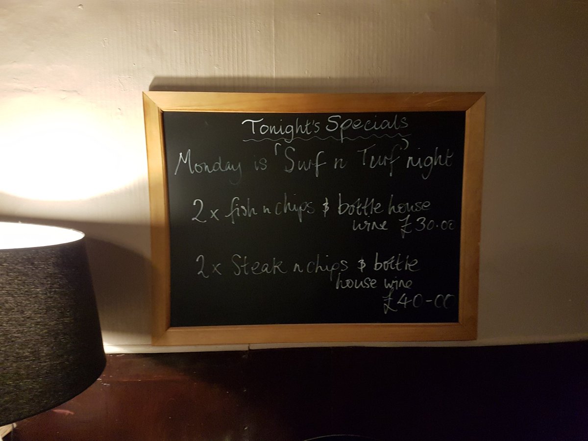 KAAskrigg's tweet image. Monday night is "Surf 'n' Turf" night at the King's Arms! Get two Fish and Chips and a bottle of house wine for just £30.00. That's a saving of nearly £10! You can also get two rump steaks and a bottle of house wine for just £40.00. That's another saving of £10!