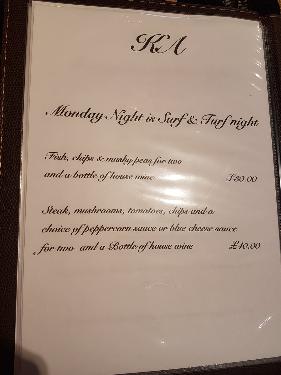 KAAskrigg's tweet image. Monday night is "Surf 'n' Turf" night at the King's Arms! Get two Fish and Chips and a bottle of house wine for just £30.00. That's a saving of nearly £10! You can also get two rump steaks and a bottle of house wine for just £40.00. That's another saving of £10!