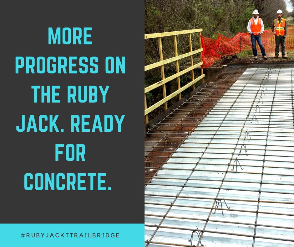 Joplintrails's tweet photo. The weather was cooperative enough yesterday and so the #rubyjacktrail bridge is prepared for the cement truck on Tuesday. Bridge (#3) should be finished by the end of the week, thank to the efforts of the construction management students @pittstate https://t.co/hRgZJPFFEr