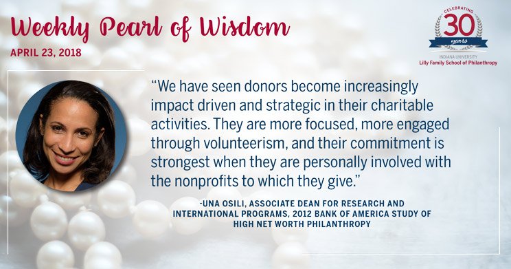 IUPhilanthropy's tweet photo. "Donors are more focused and more engaged through volunteerism, and their commitment is strongest when they are personally involved with the nonprofits to which they give." #PearlofWisdom #LFSOP30 https://t.co/zTm7sMwLWS