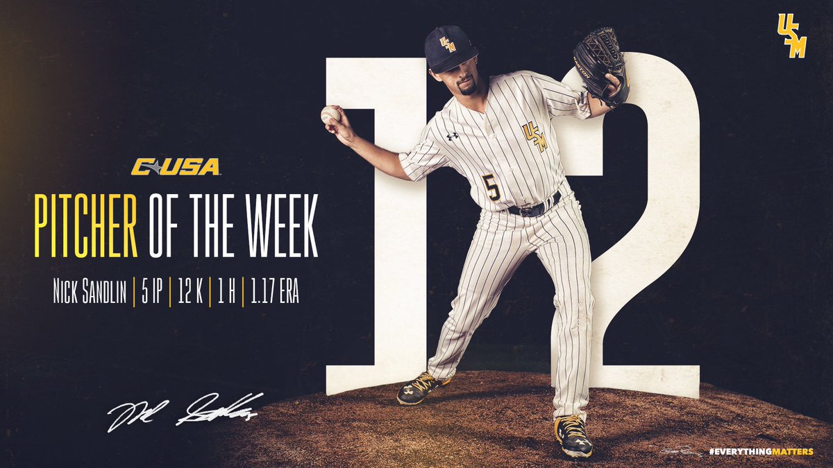 SouthernMissBSB's tweet photo. Sandlin was lights out in his return to the mound striking out 1️⃣2️⃣ of the 16 batters he faced and earns his 4️⃣th @ConferenceUSA Pitcher of the Week award! https://t.co/H3h80iOQMk