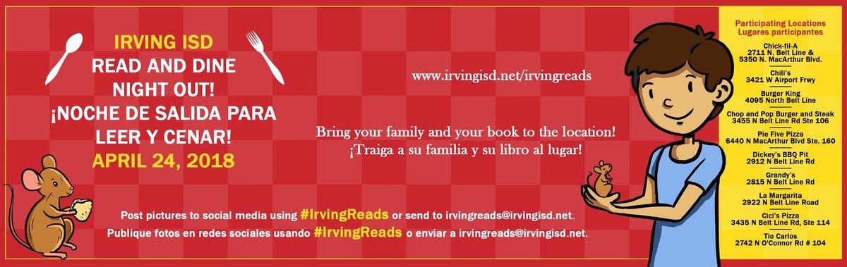 IrvingISD's tweet photo. #IrvingReads is hitting the road 🏍️ for Read &amp; Dine Night Out! Bring your copy of The Mouse and the Motorcycle to participating restaurants for discounts any time tomorrow evening. Plus, @irvinglibrary is hosting reading activities 4:30-6. https://t.co/Br86pPQIWz  📚🍽️ https://t.co/XWkpNEcuZJ