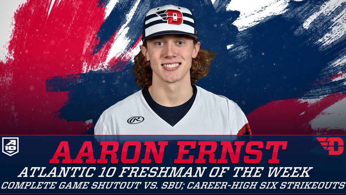 DaytonBaseball's tweet photo. Aaron Ernst’s complete game shutout against St. Bonaventure on Sunday earned him the Atlantic 10 Conference Freshman of the Week Award! Ernst is one of just two players in the A-10 with multiple complete games this season. 
#Flyboys https://t.co/UxGmby5o1Q