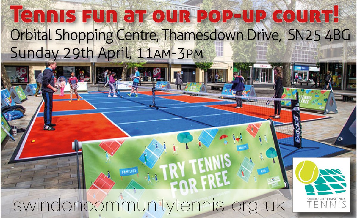 Looking for something to do this Sunday, 29th? Come along to the Oribital Shopping Centre and #givetennisatry <a href="/swincommtennis/">Swindon Comm Tennis</a> will have a pop-up court for anyone to have a hit. Visit for some free family fun. #tennis #tennisforkids #familyfun