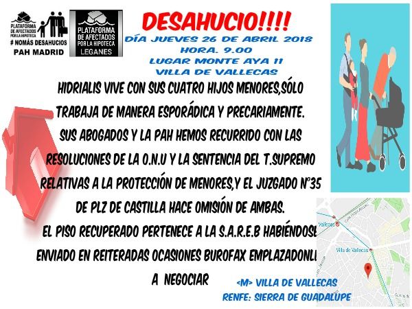 PahLeganes's tweet photo. Este jueves a las 09:00 en #VillaDeVallecas tendremos un duro desahucio a parar al #SarebDesahucia, seguimos luchando contra el #TerrorismoFinanciero en su máximo esplendor porque #HidrialisYsus4HijosSeQuedan y no toleramos que se desaloje a menores sin alternativa habitacional https://t.co/Off0F4zQSz