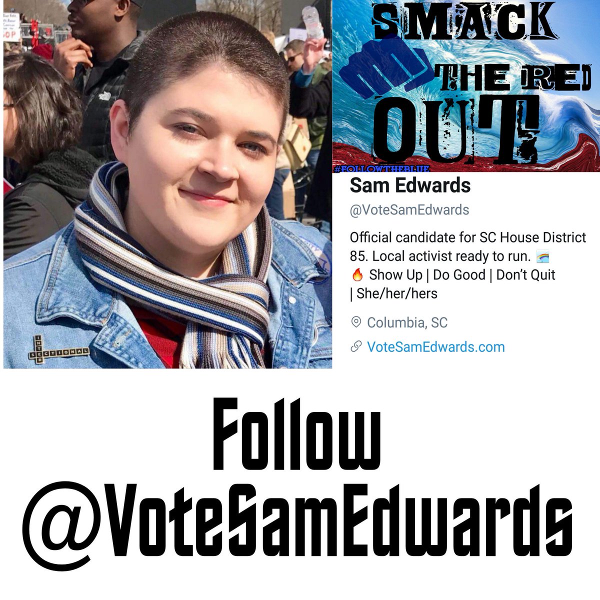 ThePrettyEdge's tweet photo. @TheQuietAnon @media_auntie Hello Resisters! Let's support our ๐candidates while we support each other.
Follow @VoteSamEdwards
#FlipItBlue
#SmackTheRedOUT https://t.co/HpvEj4Uifw