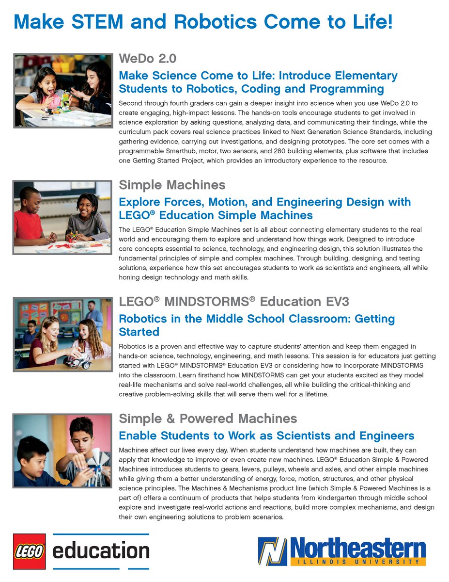 #Chicago #educators + #admin, join <a href="/LEGO_Education/">LEGO Education</a> + <a href="/NEIU/">Northeastern Illinois University</a> on May 31st for hands-on workshops w/creative ways to engage elem. + middle school Ss in #STEM! RSVP to Steffanie.Forbes@LEGO.com

#STEMeducation #STEMed <a href="/ChiPubSchools/">CPS - Chicago Public Schools</a> @cpsSTEM <a href="/CHI_STEM/">CHI_STEM_PathwaysCo-op</a> @STEMKidsChicago @ChicagoGEARUP