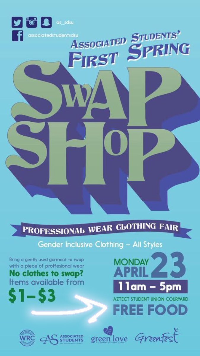 greenfestSDSU's tweet photo. SDSU’s first Swap Shop is happening today👔Bring any article of clothing (professional or casual) to the Student Union today from 11-5pm and swap it for a piece of professional wear! Items are also available for purchase between $1-$3. https://t.co/PAr7ZZ8A5n