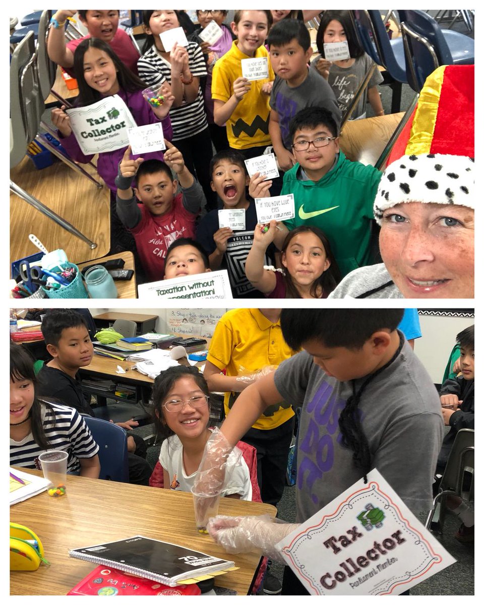 StanfordGGUSD's tweet photo. Mrs. Defriend’s fifth graders having fun learning about the history of taxation! #HistorySocialScience #StanfordPride #GGUSDpride https://t.co/LrB6s920zx