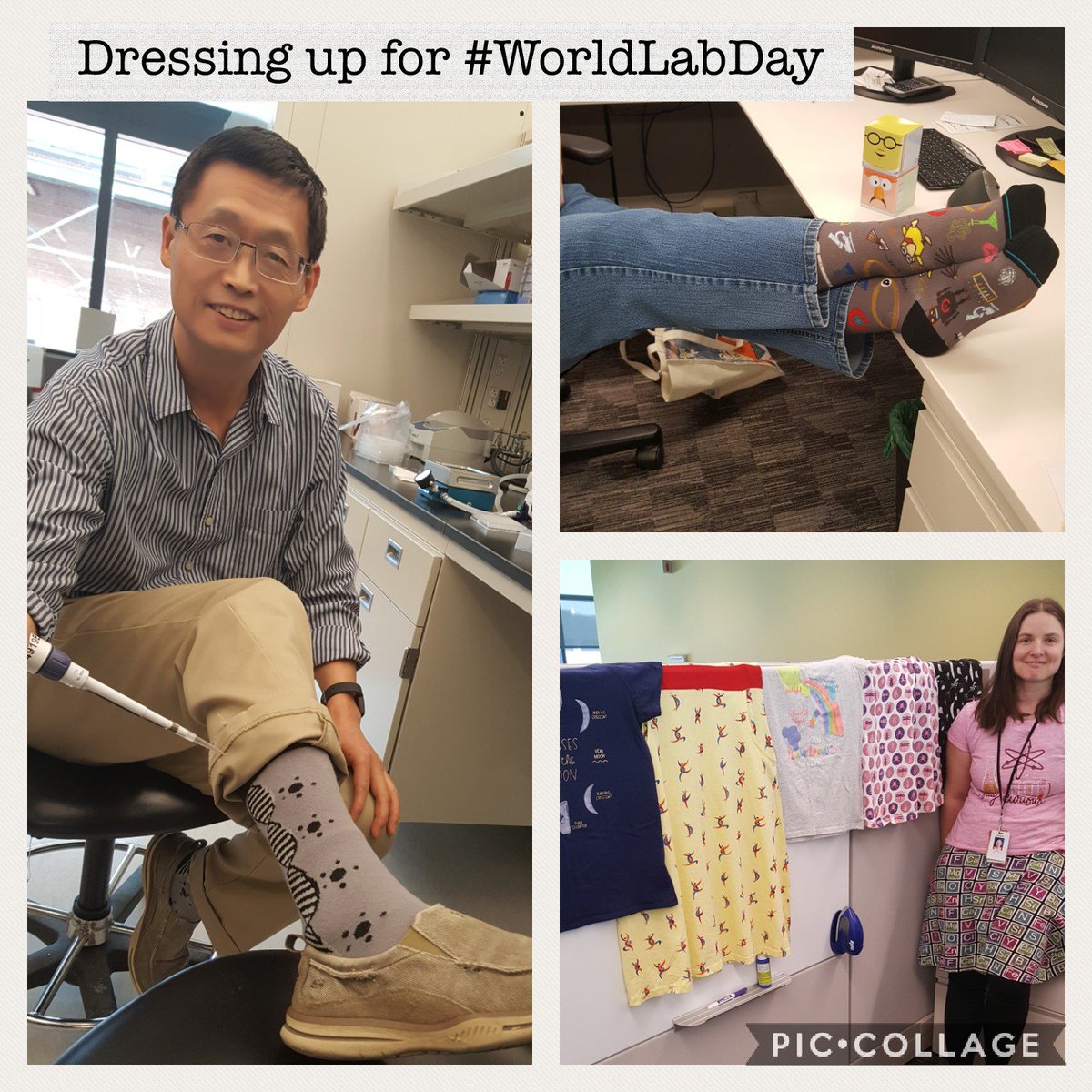 BrittLebbing's tweet photo. I was able to find some fun #SciCessories! Check out these socks from @BinChen72026272 and Pam! Plus @atmpstt couldn't decide so she brought all her #SciStuff to share! Check back later for more!! #WorldLabDay #worldlaboratoryday @MonsantoCo https://t.co/8Kv8BdDW4Z