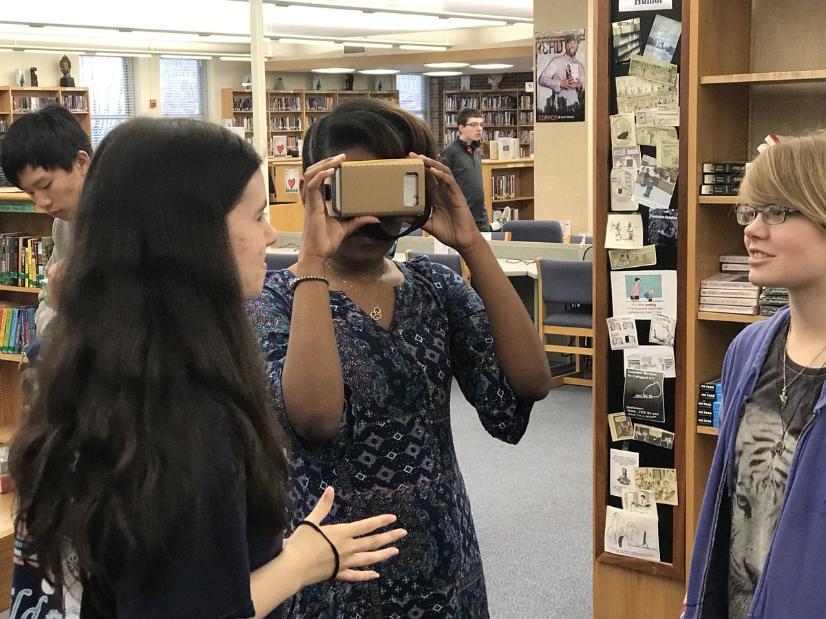 Students <a href="/HickmanHS/">Hickman High School</a> trying out the virtual reality google <a href="/HickmanLMC/">Hickman High LMC</a> from the Makerspace,  some feeling a little queasy during the rollercoaster ride! First time experiencing VR. #cpsbest