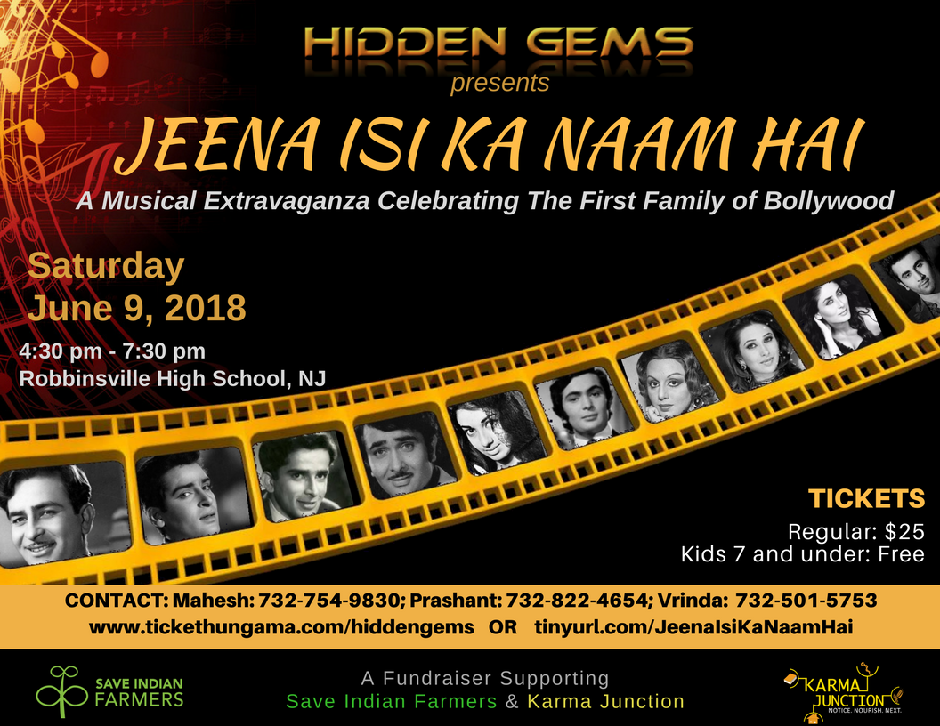 HiddenGemsOrg's tweet photo. Don't miss this tribute to the first family of Hindi Film Cinema - The Legendary Kapoors. A fundraiser to support @SaveIndianFarmers &amp; @KarmaJunction presented by HIDDEN GEMS in New Jersey on June 9th.  @chintskap https://t.co/uutOn6Aibg