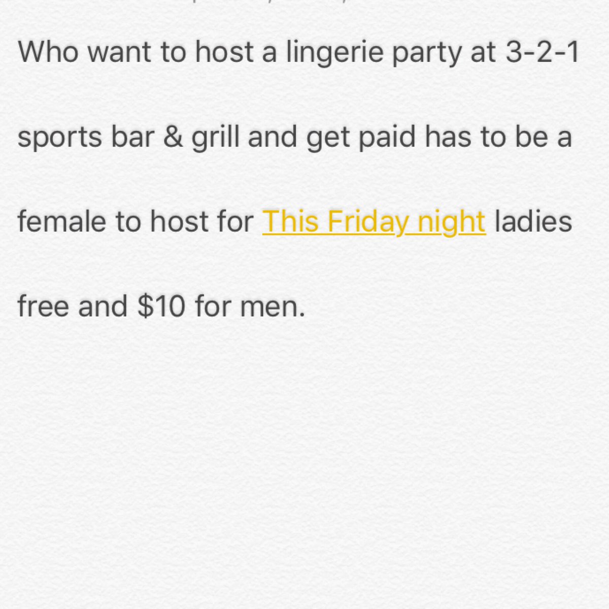 Mike2gone's tweet image. I need a female to host a lingerie party this Friday night at 3-2-1 Sports Bar And lounge in Stockbridge Ga and we are paying the host. Dm me for more information