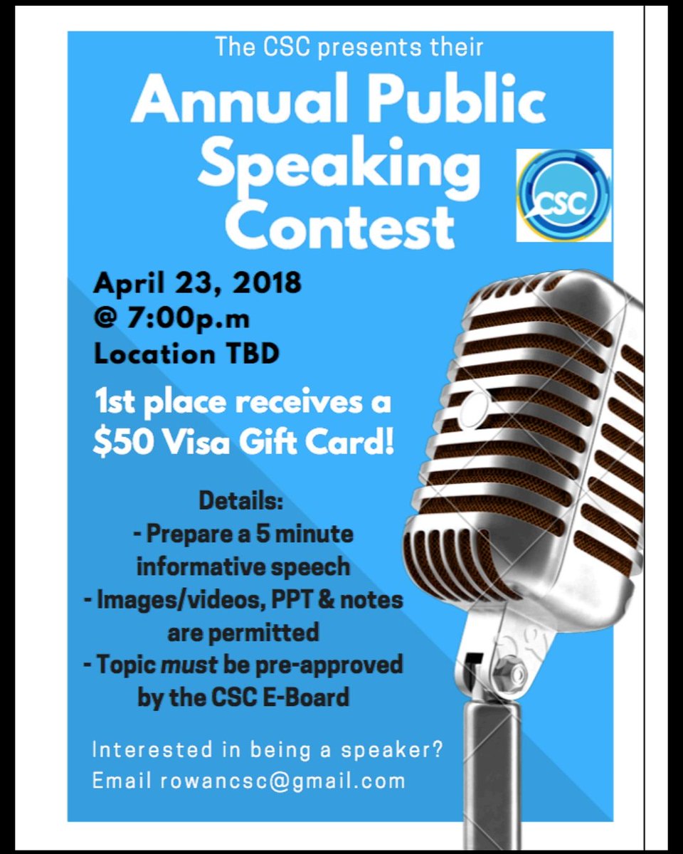 RowanCSC's tweet image. Tonight is the night! Our annual public speaking contest is at 7pm in Enterprise 517! This is also our last meeting of the semester, so come cheer on members of the club during their presentations!