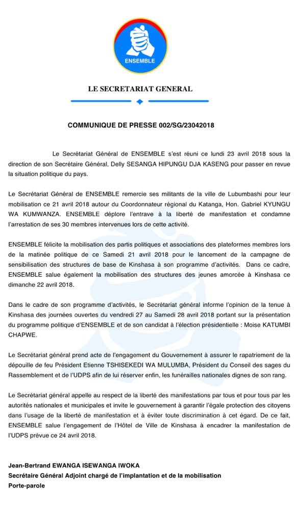 DSESANGA's tweet photo. COMMUNIQUE SECRETARIAT GENERAL @Ensemble_MK @moise_katumbi @Envol_Rd_Congo @DSESANGA @OlivierKamitatu @SalomonKalonda @JBewang https://t.co/BI7EO58jy8