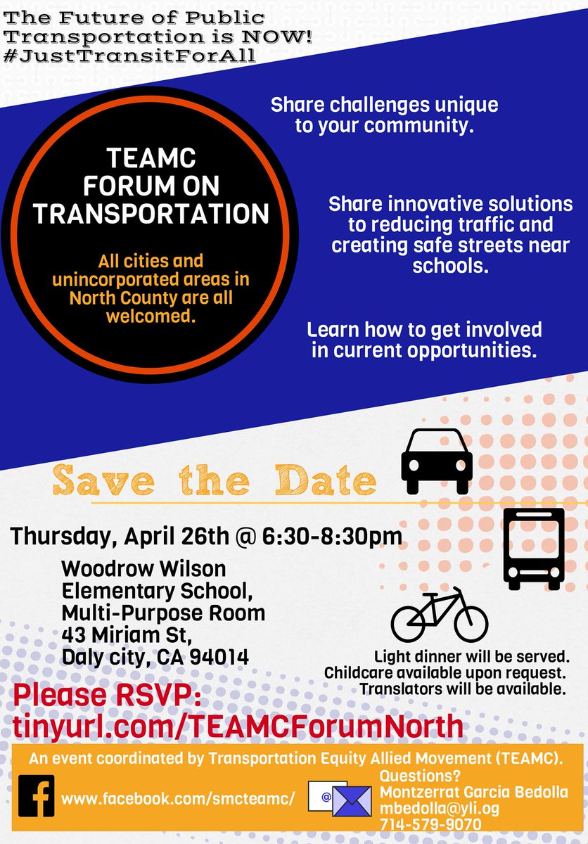 ylinstitute's tweet photo. #DalyCity, don't miss the forum on 4/26 on #SanMateo's public transit and how we can ensure #JustTransitForAll. Dinner and childcare provided!
Hosts: @SamTrans @TransForm_Alert @SustainableSV @bikesv @Urban_Habitat, @FIABayArea + more!
https://t.co/kh6HA5p5ao https://t.co/XwF9LVFsS0