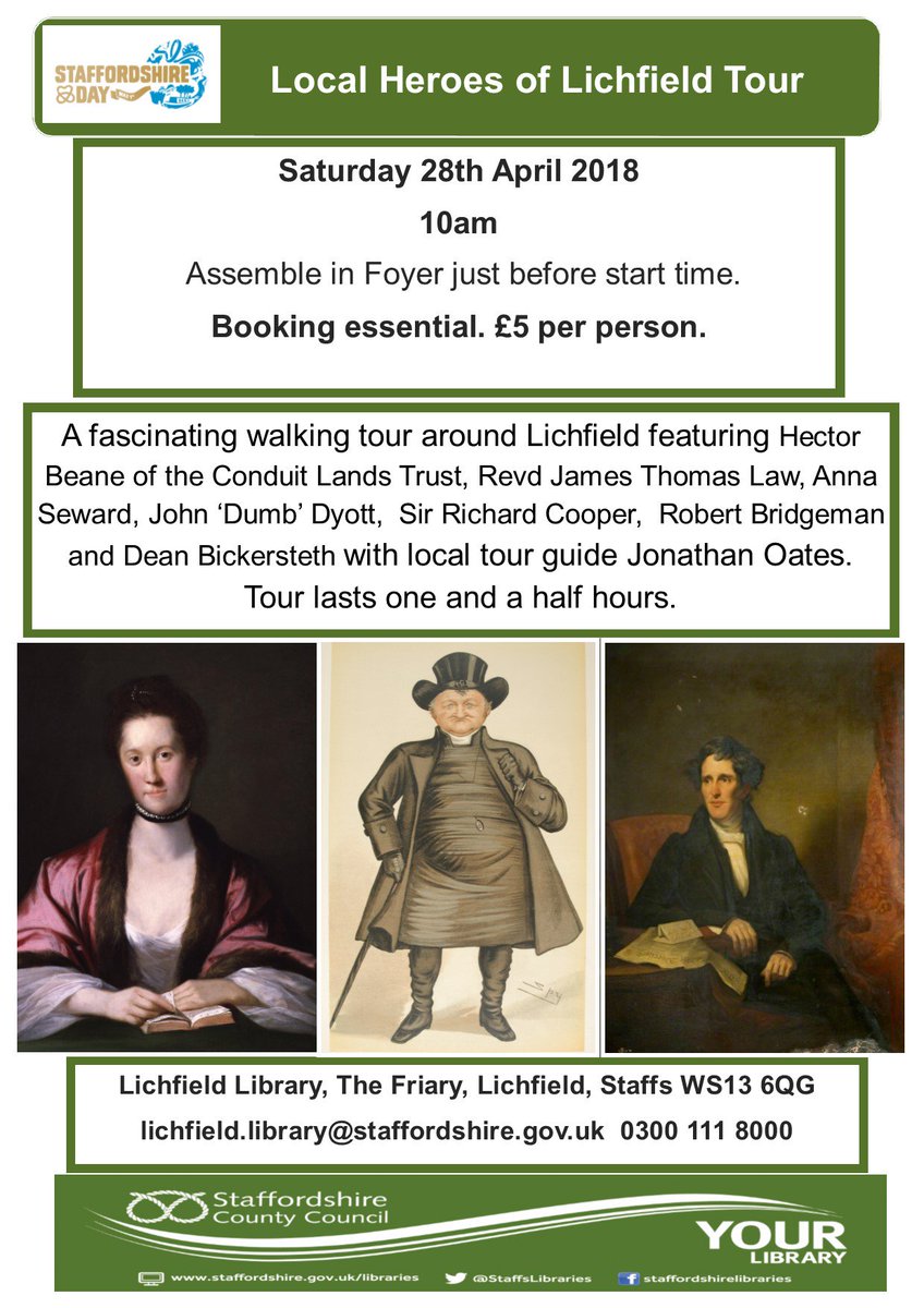 The theme of the #2018 #staffordshireday is Local Heroes - and I've got a lovely #Lichfield Library tour of Local Heroes this Saturday 28 April 10am - tickets only £5pp available from the Library on The Friary or ring 0300 111 8000 #LichfieldLocal <a href="/StaffsLibraries/">Staffordshire Libraries</a> <a href="/EnjoyStaffs/">Visit Staffordshire</a>