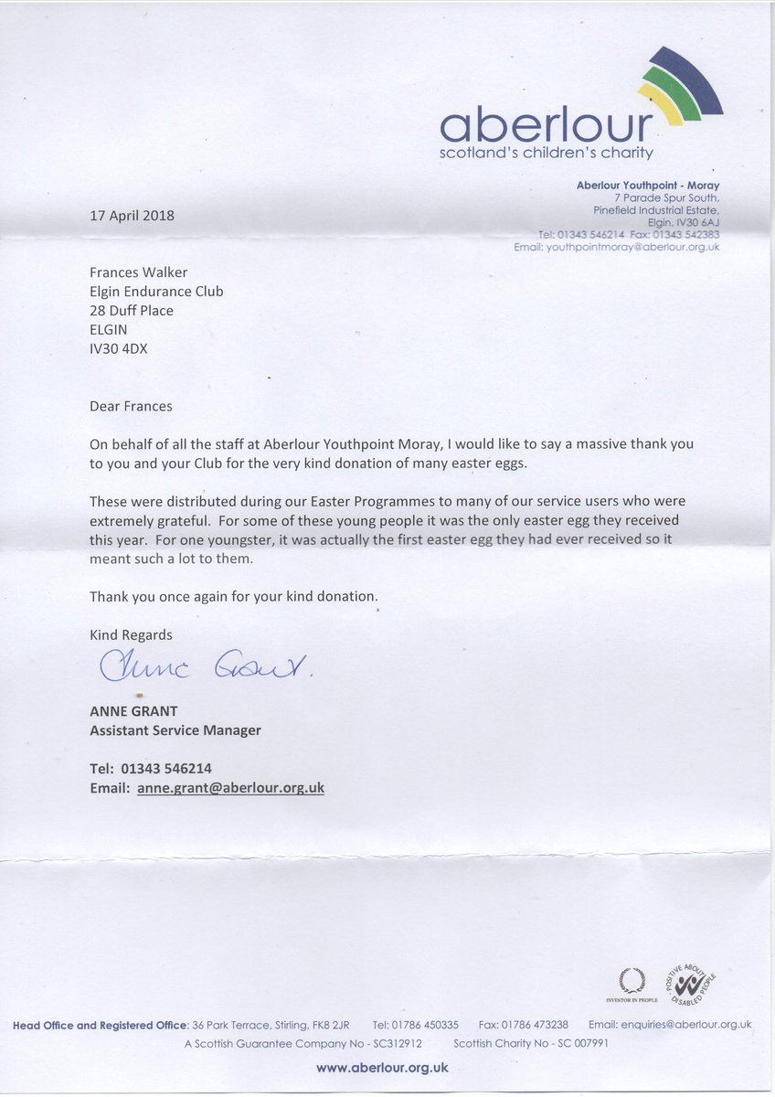 ElginEndurance's tweet photo. Evening All, a letter received today thanking you all very much for your gifts at Easter from 'Aberlour Youthpoint - Moray'. It's amazing to know something as simple as an Easter egg can mean so much.
Well done folks👍 https://t.co/RPr9VvBwDN