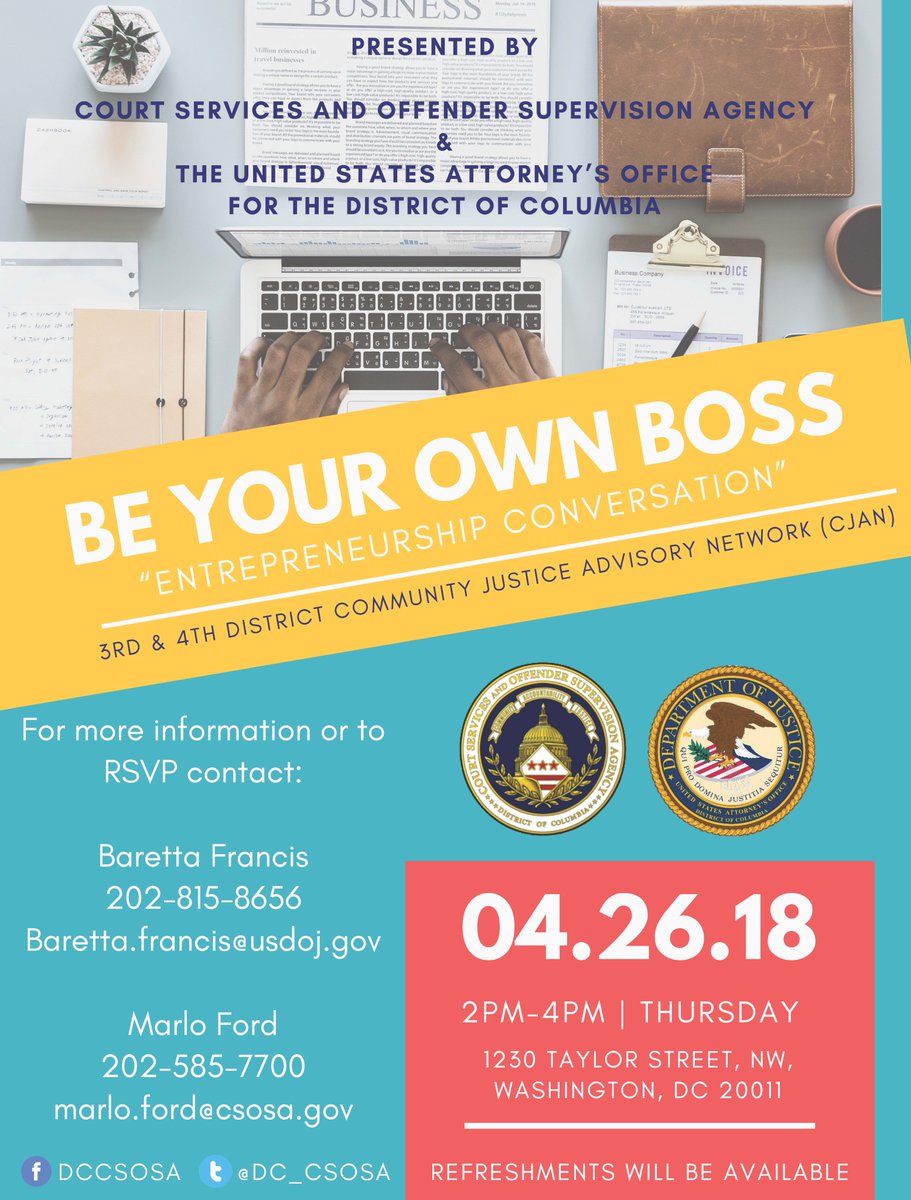 DC_CSOSA's tweet photo. THURS Apr. 26th join #CSOSA and @USAO_DC at 2pm for a conversation on entrepreneurship. Check out the flyer below for more information #BeYourOwnBoss https://t.co/exHR3AjjoV
