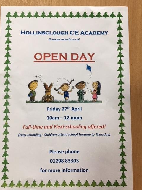 This Friday we have an 'Open Door' at Hollinsclough between 10am and 12 noon.  Please invite anyone who may be interested in learning about our wonderful little school and what we can offer.  Please share. Flyer attached.