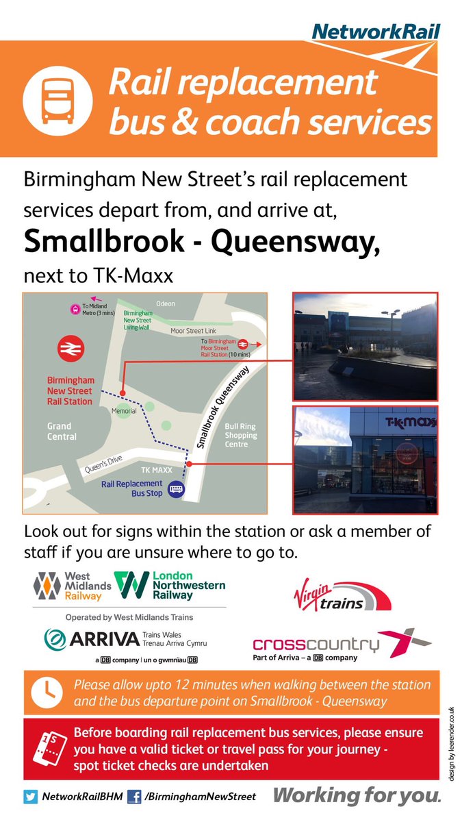 NetworkRailBHM's tweet photo. Our rail replacement buses that arrive/depart from the station are from Smallbrook Queensway, located at the Eastern side of the station (by All Bar One &amp; TKMaxx)

Please note that the #SpringBHWorks weekend replacement buses may vary from this. Full details nearer the time ^SK https://t.co/CoewB44b3P