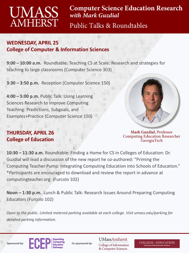ECEP_CS's tweet photo. Join us at @UMassAmherst in welcoming @gtcomputing professor and #compsci ed researcher Mark @guzdial for roundtables and talks (and food). #CSforAll https://t.co/iMSr0MKJzc