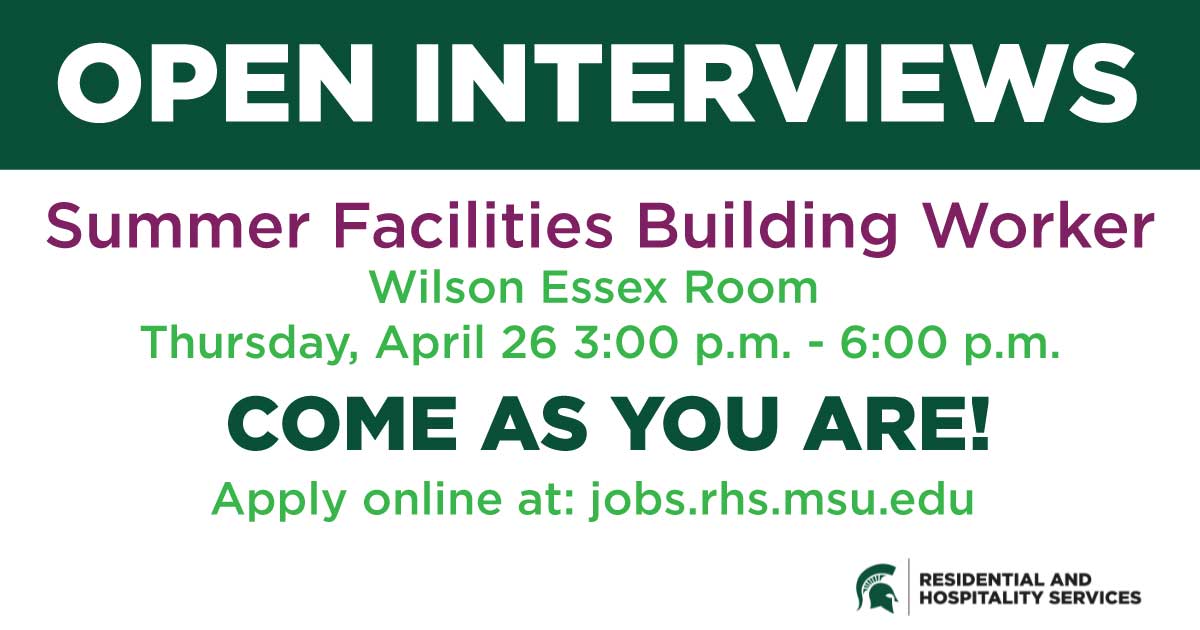 MSULiveOn's tweet photo. RHS  is currently hiring for Summer Facilities Building Workers. Team members perform routine building maintenance including cleaning, event set-up, and repairs in our residence halls. We offer flexible schedules and up to 40 hours a week. https://t.co/oy4jN8Naet