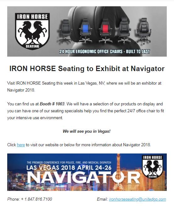 IRONHORSEseats's tweet photo. @IRONHORSEseats will be exhibiting at @TheIAED Navigator 2018 conference THIS WEEK in sunny Las Vegas, Nevada!  Stop by Booth #1003 to see our wide range of products perfect for a 24/7, intensive use environment like a dispatch center!  🚒🚓🚑 https://t.co/bRHnuYh7am