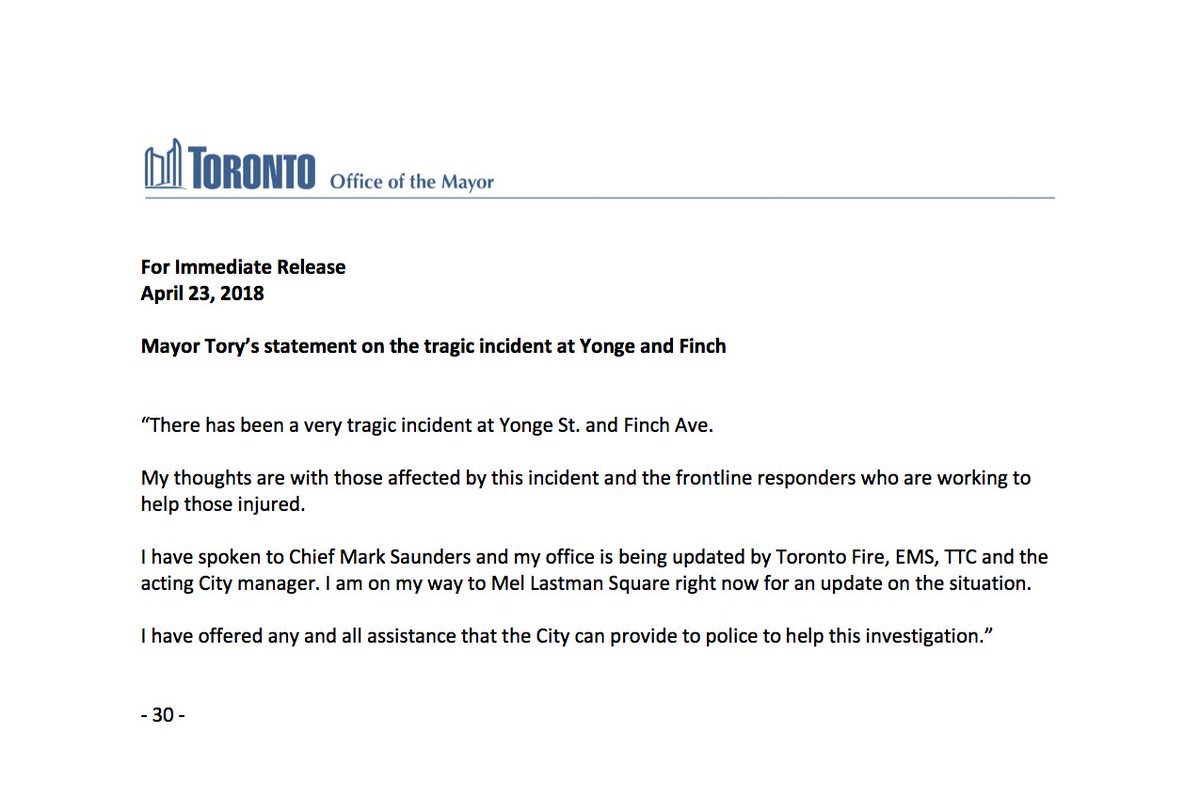 JohnTory's tweet photo. My statement on the tragic incident at Yonge and Finch. https://t.co/8FhH3M5Vhd