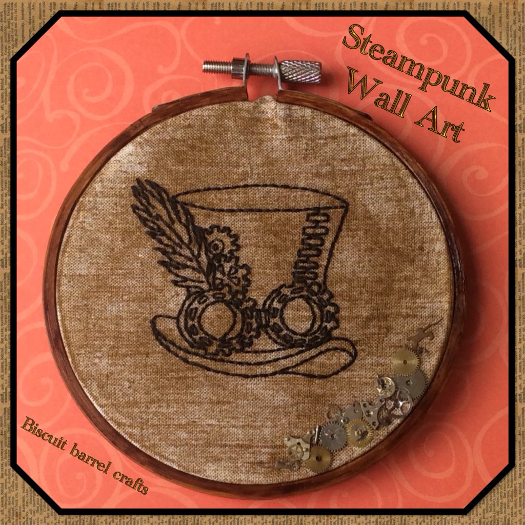 Good evening #creativebizhour Here’s a brand new #wallart piece just finished today 🎩😍👍 Hand coloured fabric &amp; wooden hoop, hand embroidered design with added steampunk detail 😀will be in our #etsyshop soon....
biscuitbarrelcrafts.etsy.com 
#TheCraftersUK #flockBN