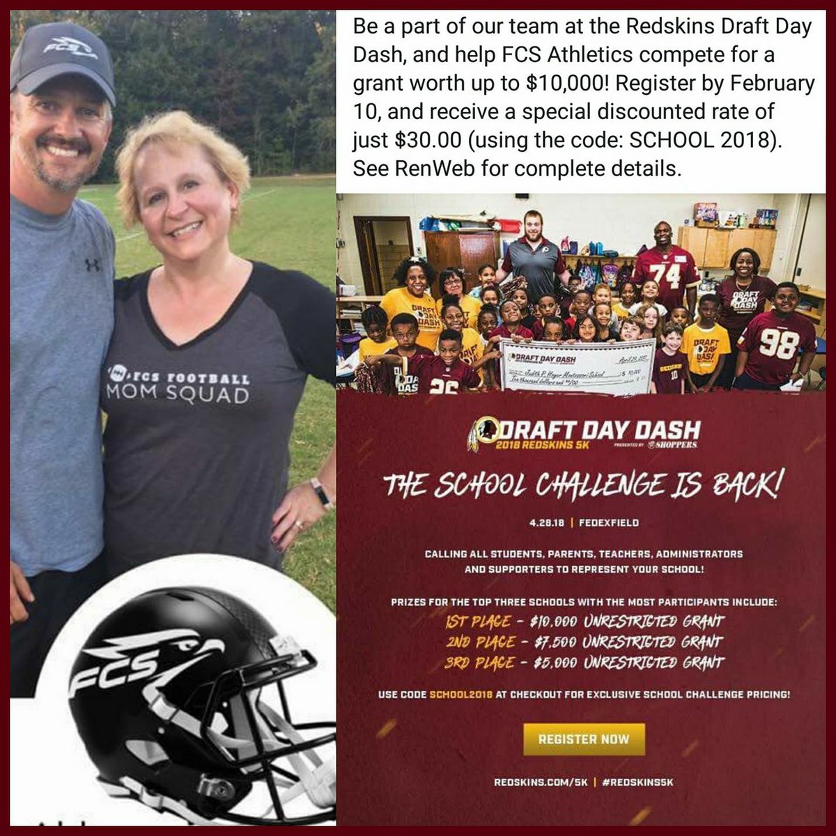 GoFCSFootball's tweet photo. The Fredericksburg Christian Eagles WON the Redskins Draft Day Dash School Challenge!!! We will receive a $10,000 grant for our school. Thank you to everyone that signed up and will be racing with us at FedEx Field!! #fcseagles #draftdaydash #httr #redskins #fcseaglesfootball https://t.co/V408jWX5DG