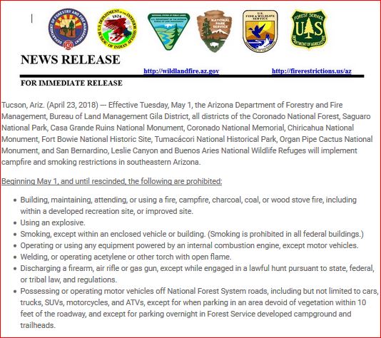 CCFirenIncident's tweet image. #DryConditions Trigger #FireRestrictions in Southeastern #Arizona May 1 Effective Tuesday, May 1, the Arizona Department of Forestry and Fire Management, Bureau of Land Management Gila District, all districts of the Coronado National... #CochiseCounty #SantaCruzCounty #PimaCounty