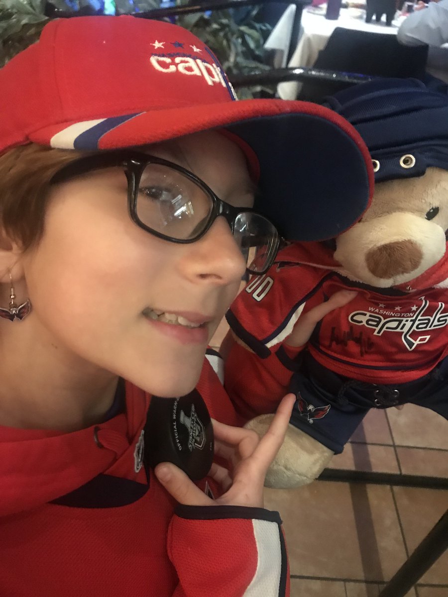 chopperguy's tweet image. #ALLCAPS My daughter Arlington after @MayHockeyNBCS gave her a puck and signed her bear after game 5!