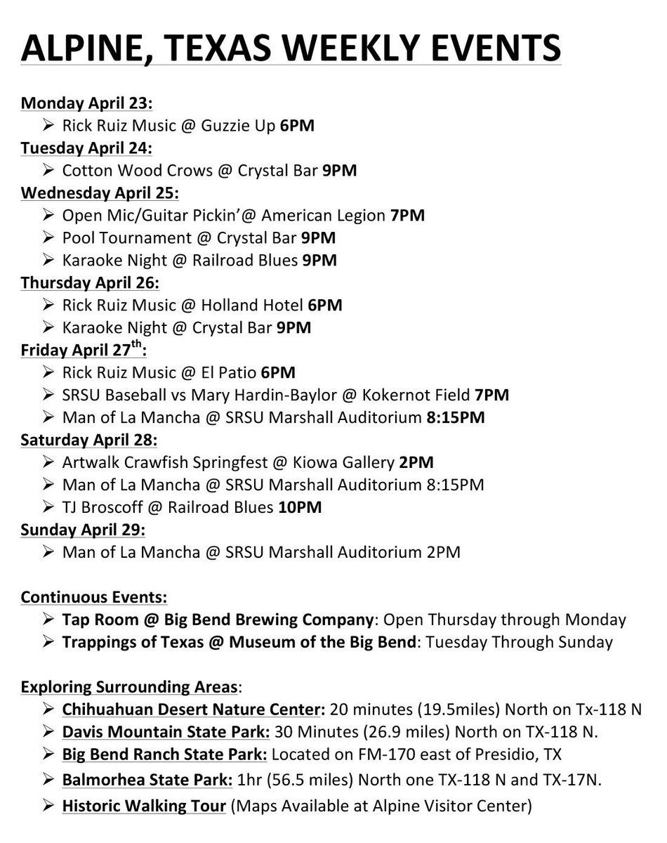 VisitAlpineTX's tweet image. Here's the list of Alpine events for the week of April 23, courtesy of the Alpine Visitor Center! As always, be sure to stop in at the corner of Avenue E &amp;amp; 3rd when you get to town for the latest info!